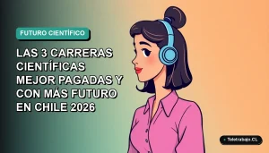 Ilustración vectorial plana de una mujer profesional chilena, representando carreras científicas del futuro, con fondo degradado azul verdoso.