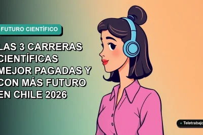 Ilustración vectorial plana de una mujer profesional chilena, representando carreras científicas del futuro, con fondo degradado azul verdoso.