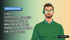 Ilustración plana corporativa de un trabajador tecnológico masculino con suéter verde, sobre fondo degradado azul, representando certificaciones rentables en Chile 2026.