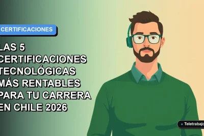 Ilustración plana corporativa de un trabajador tecnológico masculino con suéter verde, sobre fondo degradado azul, representando certificaciones rentables en Chile 2026.