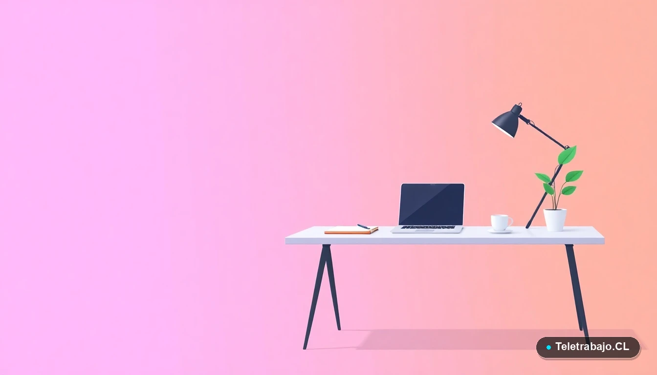 Escritorio moderno minimalista con laptop, café y planta, sobre fondo degradado lila y durazno, concepto de espacio de trabajo para profesionales tecnológicos.