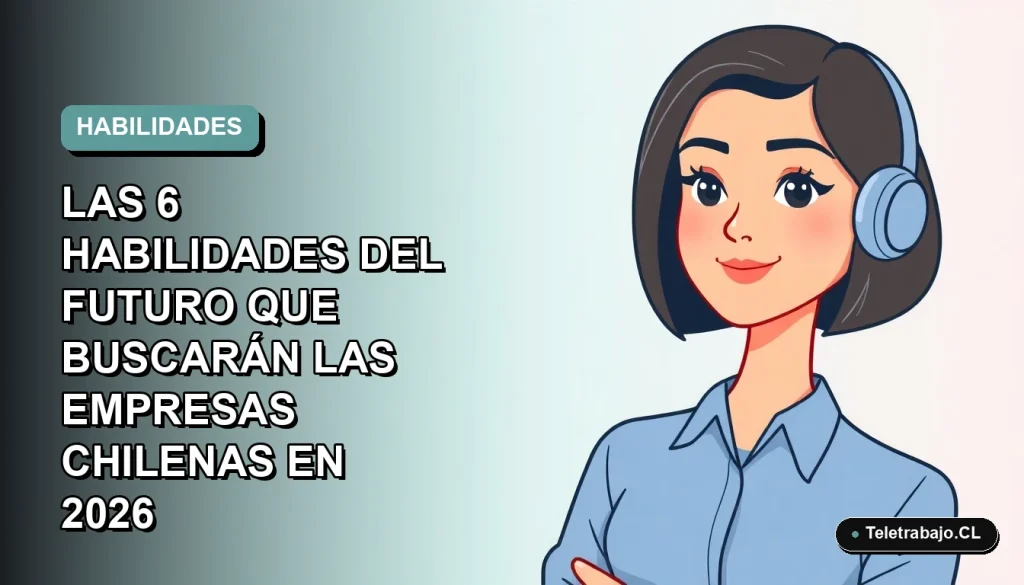 Ilustración plana corporativa de una mujer profesional chilena de teletrabajo, con blusa azul y corte bob, sobre fondo degradado suave azul verdoso. Espacio negativo a la izquierda.
