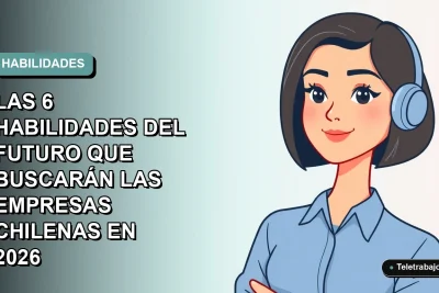 Ilustración plana corporativa de una mujer profesional chilena de teletrabajo, con blusa azul y corte bob, sobre fondo degradado suave azul verdoso. Espacio negativo a la izquierda.