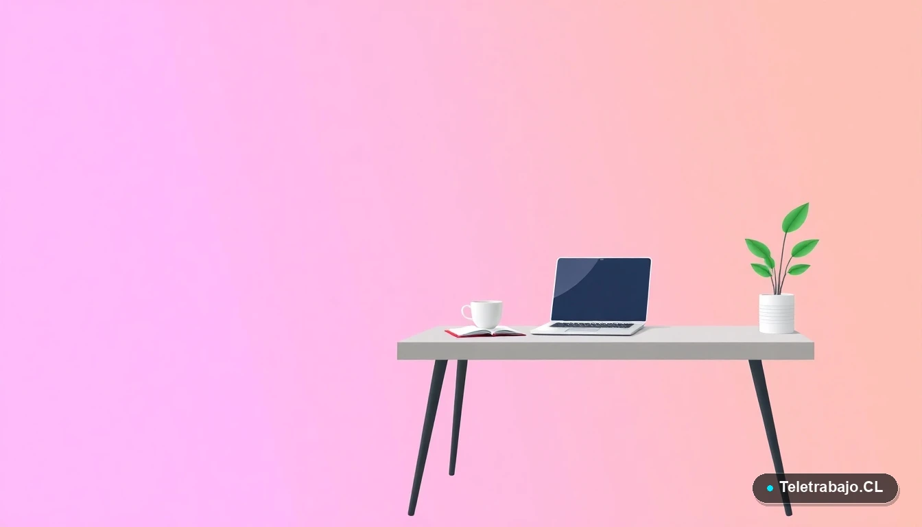 Escritorio moderno minimalista de teletrabajo con laptop, taza de café y planta, en estilo de ilustración vectorial plana, sobre fondo degradado lila.