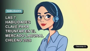 Ilustración plana corporativa de una mujer profesional chilena con blusa azul y corte bob, sobre fondo degradado verde azulado, representando habilidades para el mercado laboral futuro.