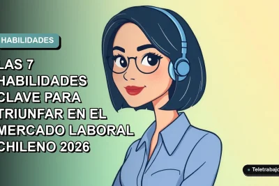 Ilustración plana corporativa de una mujer profesional chilena con blusa azul y corte bob, sobre fondo degradado verde azulado, representando habilidades para el mercado laboral futuro.