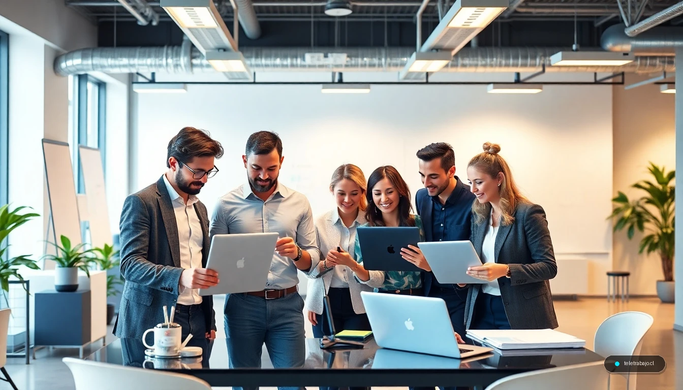 Equipo tecnológico diverso colaborando en una oficina moderna, representando las habilidades clave para el sector tech.