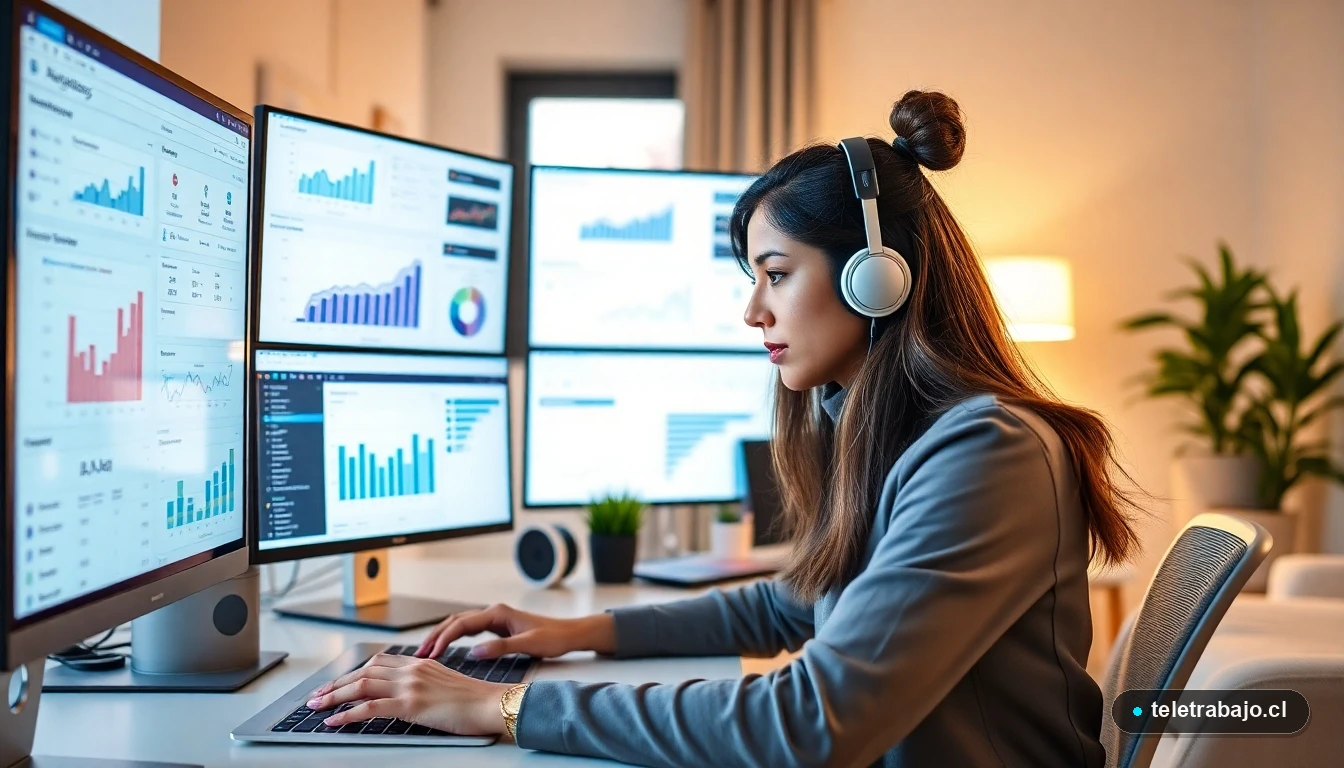 Profesional chilena trabajando de forma remota desde su casa con herramientas digitales avanzadas para el teletrabajo en 2026