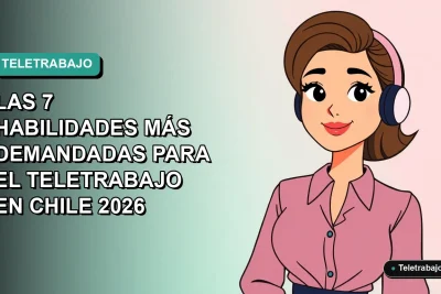 Ilustración plana corporativa de una mujer profesional de teletrabajo en Chile, con fondo degradado verde azulado vacío.