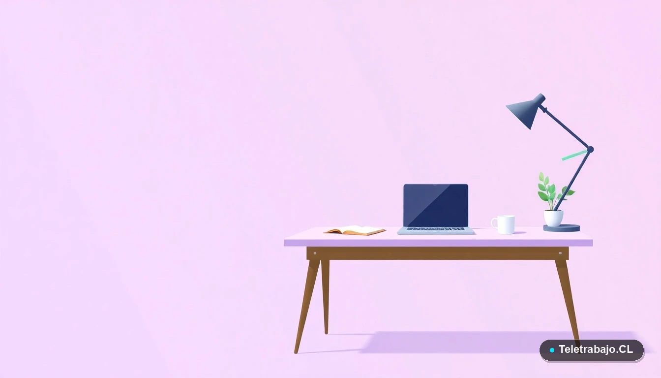 Escritorio moderno y minimalista para teletrabajo con laptop, café y planta, ilustración plana con fondo degradado lila.