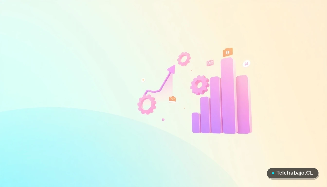 Elementos de interfaz de usuario abstractos y modernos, como gráficos y engranajes flotantes en tonos lavanda y durazno, sobre fondo degradado de menta.