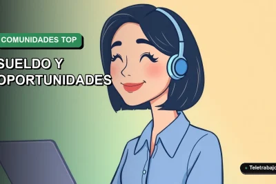 Ilustración vectorial plana de una trabajadora remota sonriente con blusa azul y corte bob, sobre fondo degradado verde suave, representando las mejores comunidades para trabajar en 2026.