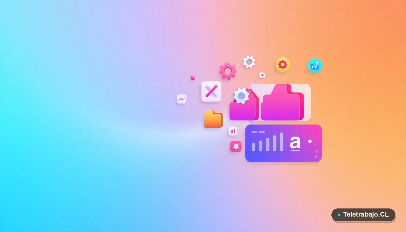 Composición abstracta de interfaz de usuario tecnológica con gráficos y iconos flotantes, en estilo vectorial plano, para artículo sobre empresas chilenas.