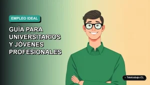 Ilustración plana corporativa de un trabajador remoto sonriente con suéter verde, sobre fondo degradado azul verdoso. Representa las mejores empresas para trabajar en Chile para jóvenes profesionales.