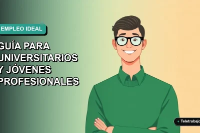 Ilustración plana corporativa de un trabajador remoto sonriente con suéter verde, sobre fondo degradado azul verdoso. Representa las mejores empresas para trabajar en Chile para jóvenes profesionales.