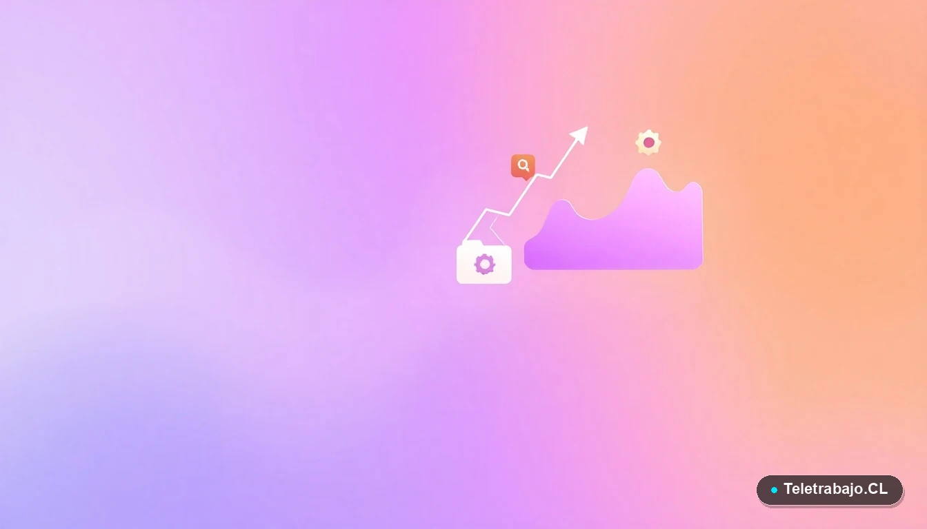 Ilustración abstracta de interfaz tecnológica con gráficos flotantes y iconos de engranajes en tonos lavanda y durazno, sobre fondo degradado. Concepto de innovación y datos para empresas líderes.