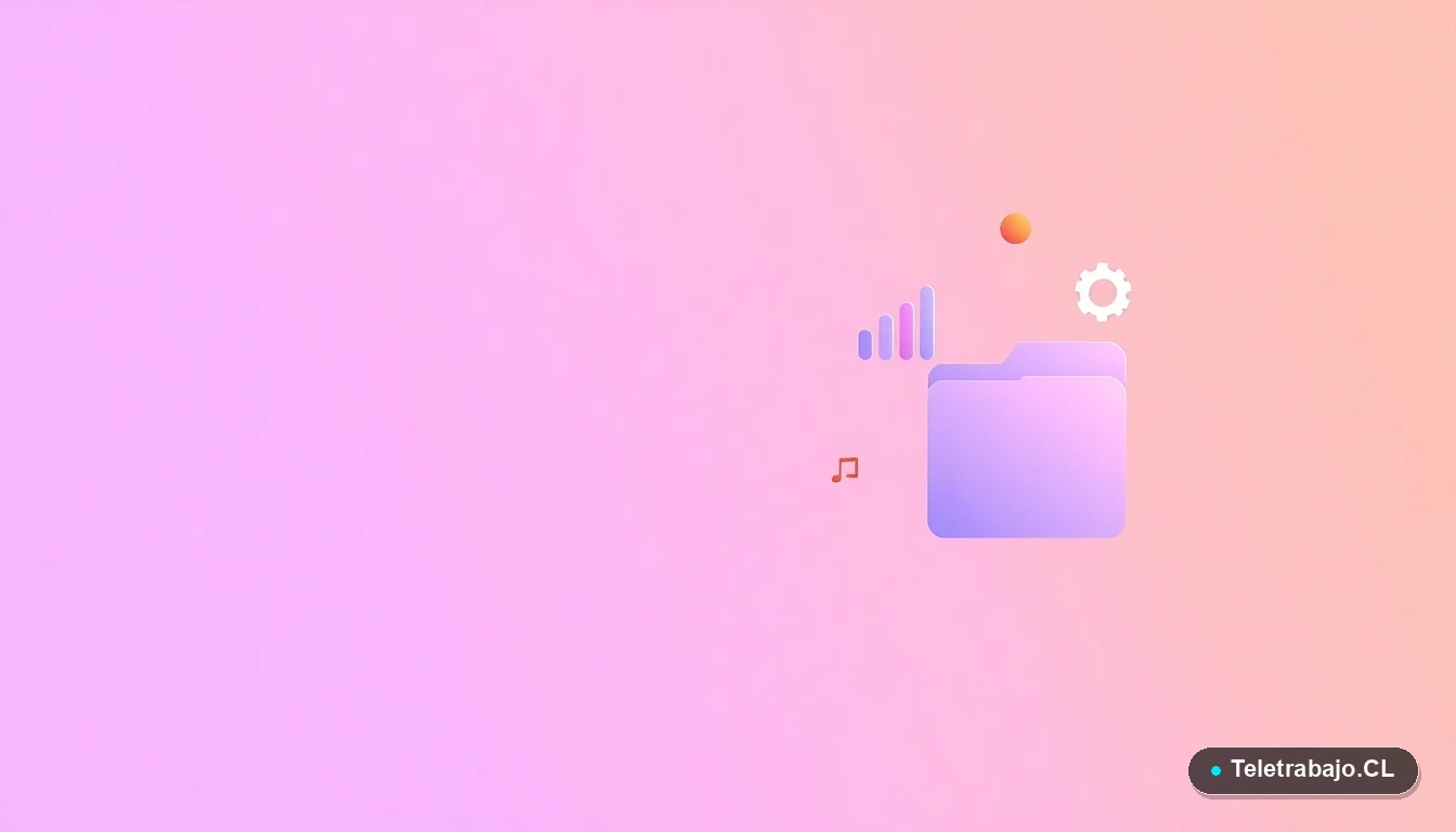 Composición abstracta de interfaz de usuario tecnológica con gráficos flotantes y iconos de engranaje y carpetas en tonos lavanda y durazno, sobre un fondo degradado, alineada a la derecha.