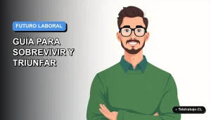 Ilustración plana vectorial de un trabajador remoto masculino con suéter verde, sobre fondo degradado azul y blanco, representando las tendencias laborales futuras en Chile.