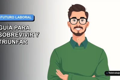 Ilustración plana vectorial de un trabajador remoto masculino con suéter verde, sobre fondo degradado azul y blanco, representando las tendencias laborales futuras en Chile.