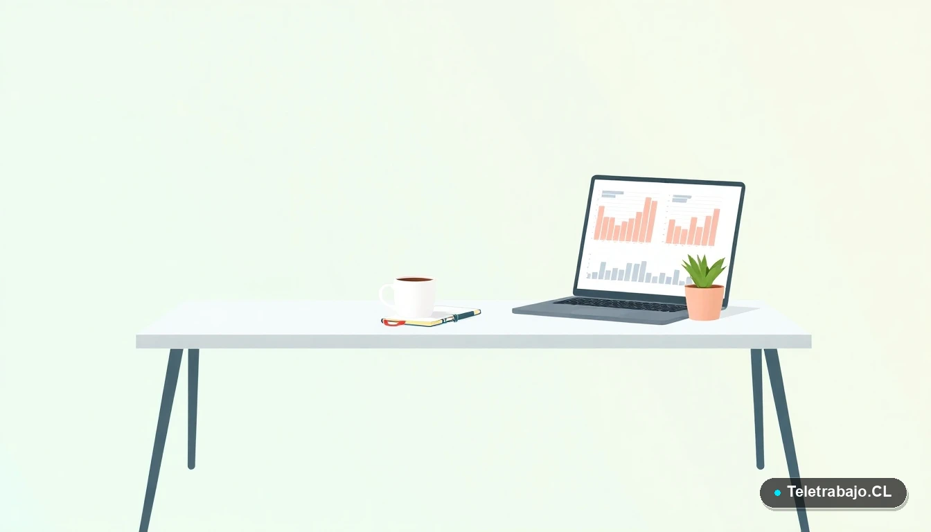 Escritorio moderno minimalista con laptop, gráficos abstractos, taza de café y planta, sobre fondo degradado verde menta, concepto de espacio de trabajo futuro.