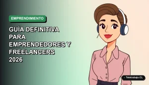 Ilustración plana vectorial de una mujer chilena emprendedora trabajando de forma remota, con un fondo de gradiente suave. Estilo Corporate Memphis.