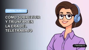 Ilustración plana corporativa de una mujer profesional de teletrabajo sonriendo, con fondo degradado azul pastel vacío.