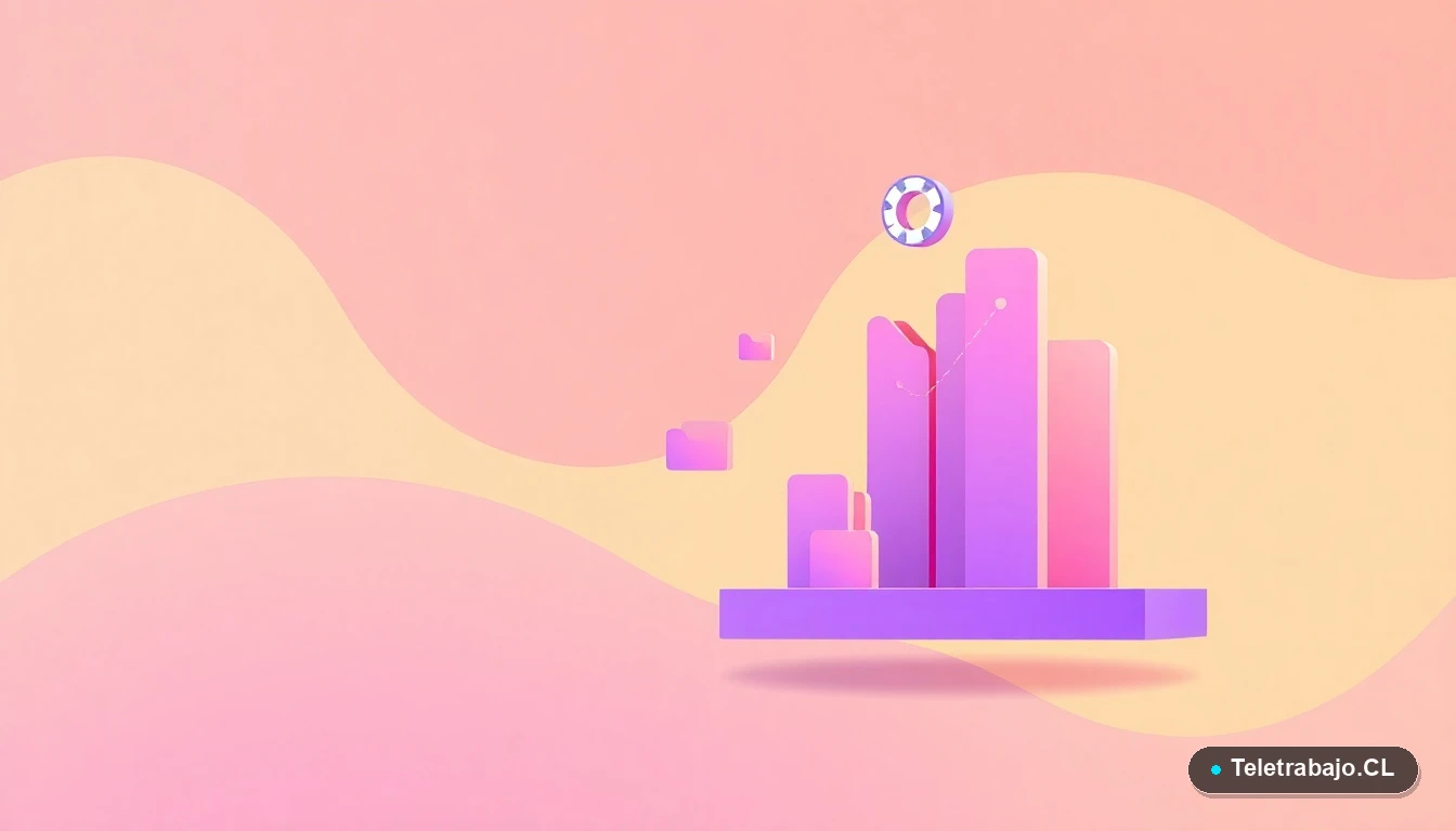 Composición abstracta de interfaz de usuario con gráficos y iconos flotantes, ilustración plana corporativa con fondo degradado melocotón.