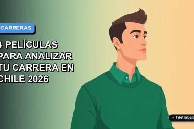 Ilustración plana corporativa de un hombre profesional chileno trabajando de forma remota, con fondo degradado azul y espacio negativo, representando el análisis de carrera profesional.