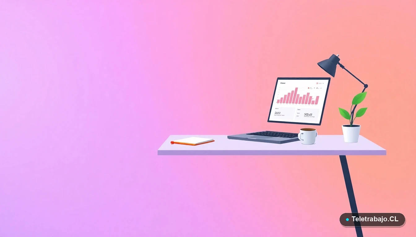 Escritorio moderno minimalista para teletrabajo con laptop, gráficos abstractos, taza de café y planta, sobre fondo degradado lila y durazno, concepto de espacio de trabajo profesional en Chile.