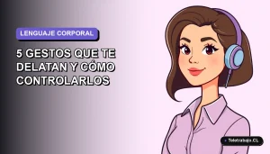 Ilustración plana corporativa de una mujer profesional con expresión confiada, sobre fondo degradado lavanda suave, representando lenguaje corporal en entrevistas.