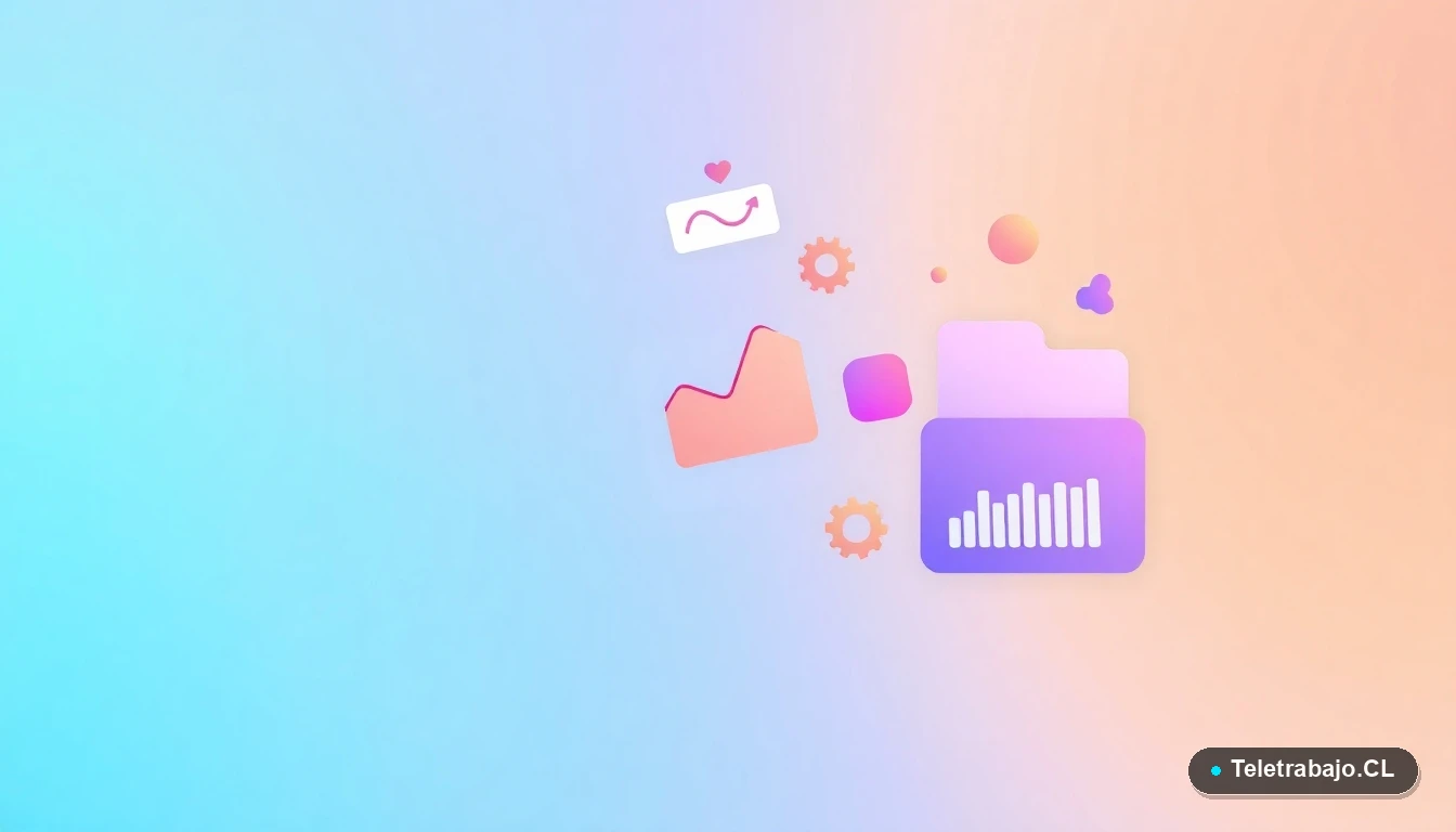 Composición abstracta de interfaz de usuario con gráficos flotantes y iconos minimalistas sobre fondo degradado verde azulado, concepto de tecnología y comunicación.