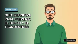 Ilustración vectorial plana de un trabajador de oficina con dolor de espalda y cuello frente a una pantalla de computador, sobre fondo degradado azul y gris claro.