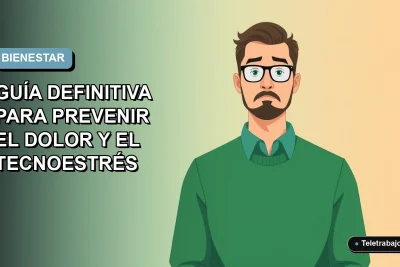 Ilustración vectorial plana de un trabajador de oficina con dolor de espalda y cuello frente a una pantalla de computador, sobre fondo degradado azul y gris claro.