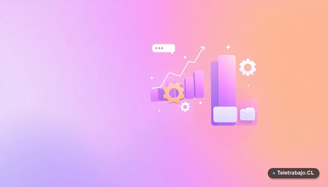 Composición abstracta de elementos de interfaz de usuario tecnológica con gráficos, engranajes y carpetas flotantes en tonos lavanda y durazno.