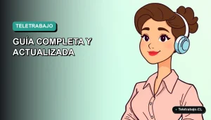 Ilustración vectorial plana de una mujer chilena trabajando remotamente, con fondo degradado azul verdoso, representando la nueva Ley de Teletrabajo 2026.