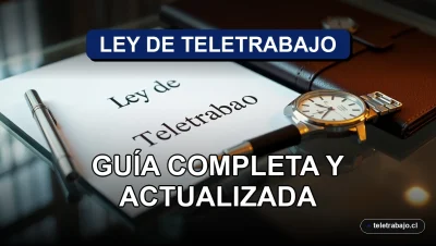 Detalle macro de la Ley de Teletrabajo de Chile sobre una mesa de cristal con un ejemplar oficial, un bolígrafo premium y un reloj.