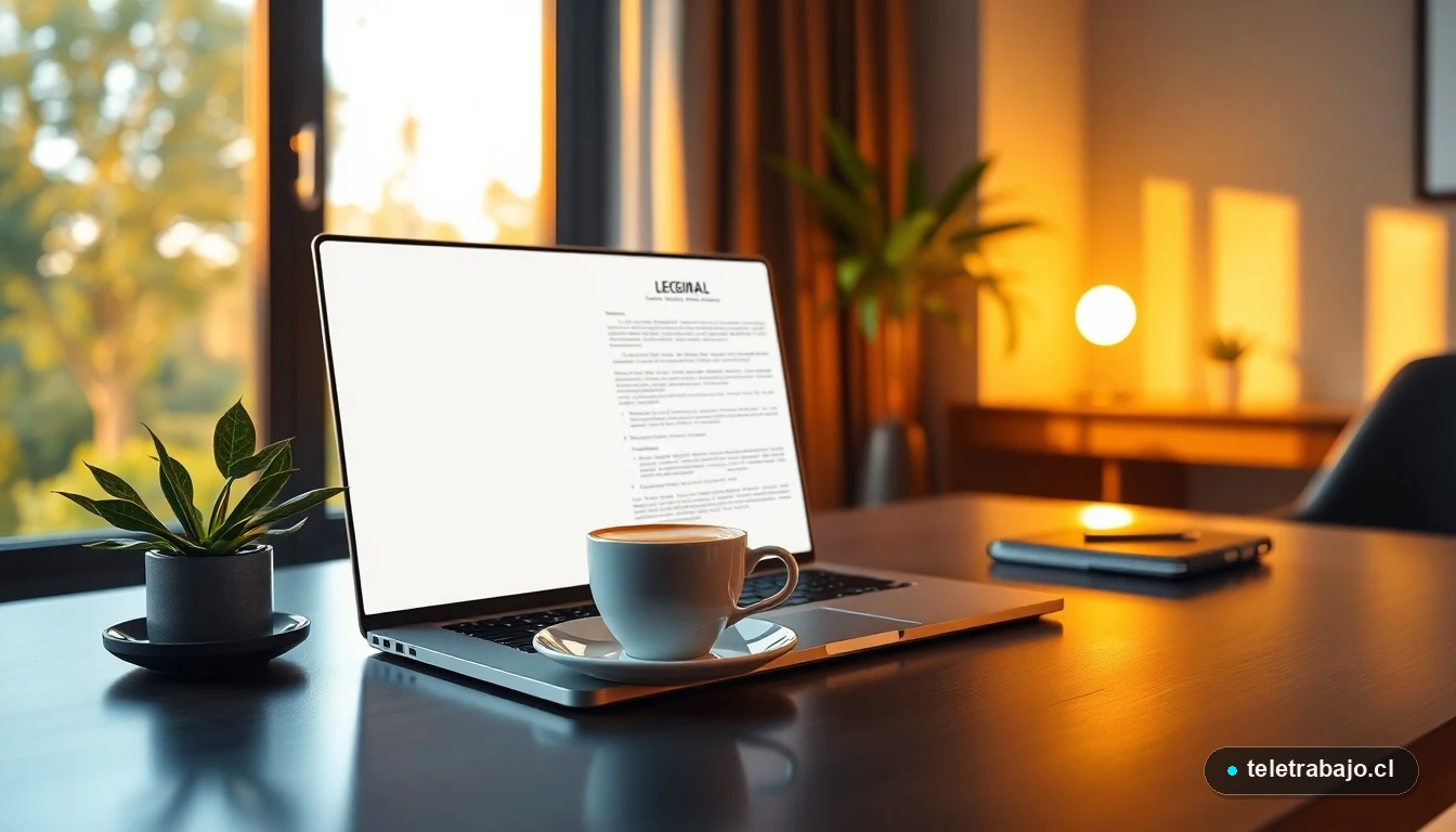 Espacio de teletrabajo moderno y elegante en casa con laptop, café y luz natural, representando el cumplimiento de la ley.