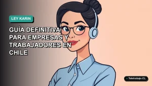 Ilustración plana corporativa de una mujer trabajadora remota chilena, con blusa azul y pelo recogido, sobre fondo degradado verde azulado. Representa la nueva ley de teletrabajo.
