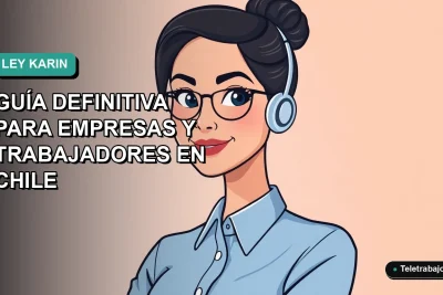Ilustración plana corporativa de una mujer trabajadora remota chilena, con blusa azul y pelo recogido, sobre fondo degradado verde azulado. Representa la nueva ley de teletrabajo.