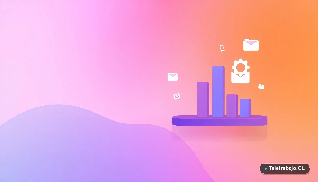 Composición abstracta de interfaz de usuario con gráficos, engranajes y carpetas flotantes en estilo vectorial plano, sobre fondo degradado lila y durazno. Concepto de tecnología y regulación laboral.