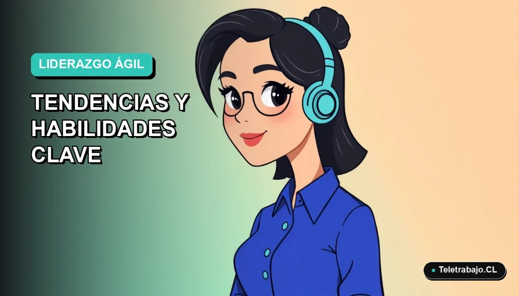 Ilustración plana corporativa de una mujer profesional de tecnología con blusa azul, sobre fondo degradado suave. Concepto de liderazgo ágil y trabajo remoto.
