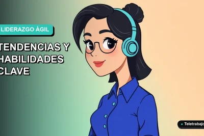Ilustración plana corporativa de una mujer profesional de tecnología con blusa azul, sobre fondo degradado suave. Concepto de liderazgo ágil y trabajo remoto.