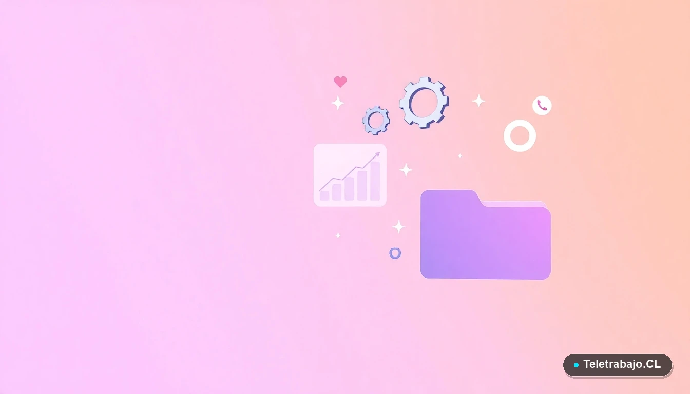 Composición abstracta de interfaz de usuario con gráficos flotantes e iconos de engranajes y carpetas en estilo vectorial plano, sobre fondo degradado lavanda. Concepto de tecnología y datos para liderazgo.