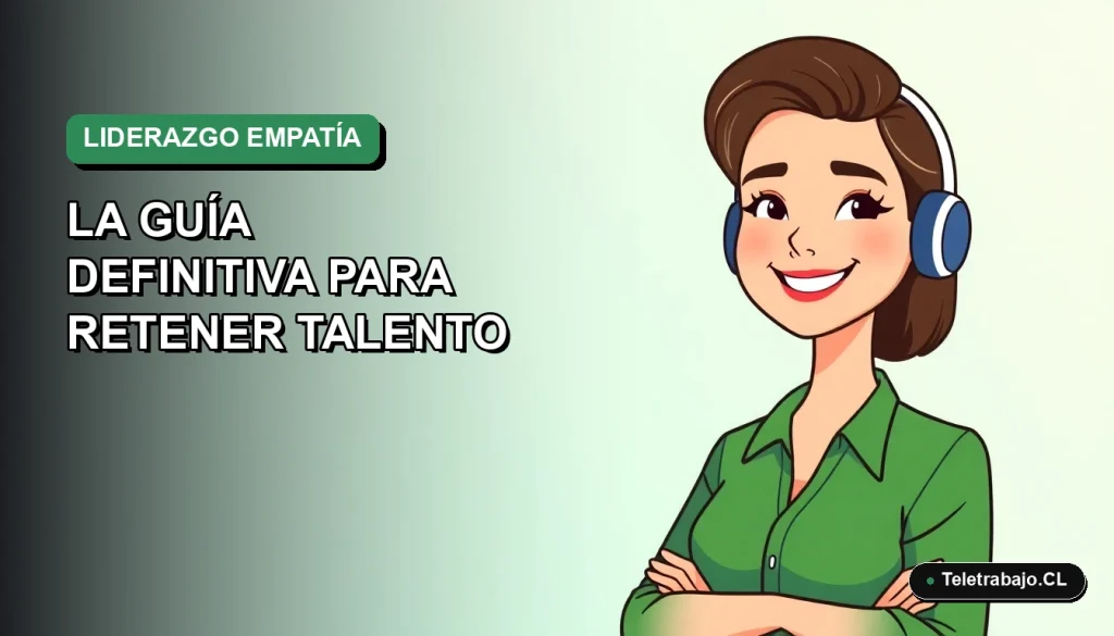 Ilustración plana corporativa de líder femenina sonriente con blusa verde, sobre fondo degradado suave, representando liderazgo empático en Chile.