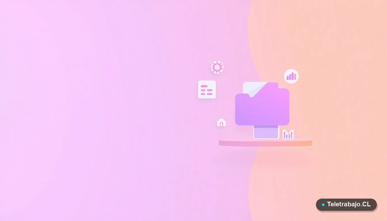Interfaz de usuario abstracta con gráficos y iconos flotantes en tonos lavanda y durazno, sobre fondo degradado, concepto de tecnología y gestión.