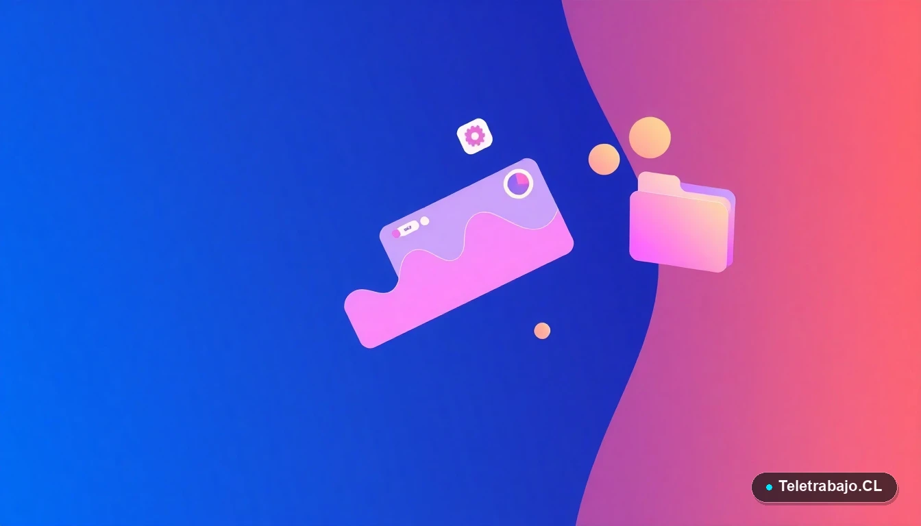 Elementos de interfaz de usuario abstractos y modernos, como gráficos y engranajes, representando tecnología y gestión.