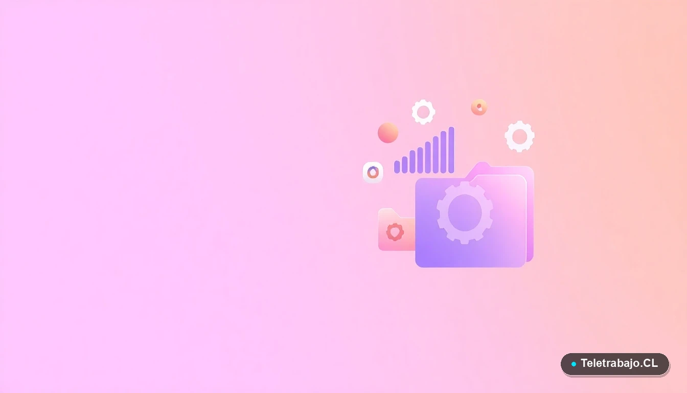 Composición abstracta de interfaz de usuario con gráficos flotantes, engranajes y carpetas estilizadas en colores lavanda y durazno, representando la automatización en Excel.