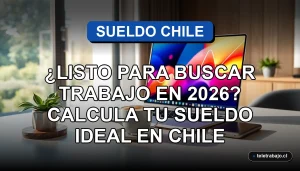 Calculadora de sueldo ideal para buscar trabajo en Chile en 2026, gráficos abstractos en pantalla de laptop.