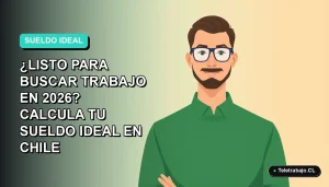 Ilustración vectorial plana de un trabajador remoto masculino con suéter verde, sobre un fondo con gradiente de color teal y blanco, para artículo sobre calcular sueldos en Chile 2026.