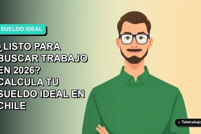 Ilustración vectorial plana de un trabajador remoto masculino con suéter verde, sobre un fondo con gradiente de color teal y blanco, para artículo sobre calcular sueldos en Chile 2026.